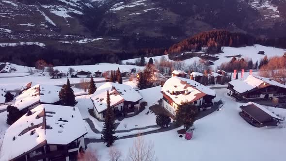 Swiss Village in Winter From Drone View