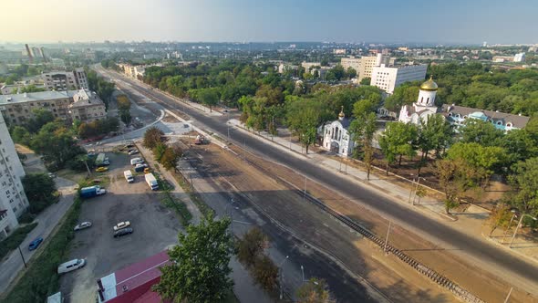 Panoramic Aerial View of Road Big Construction Site Timelapse