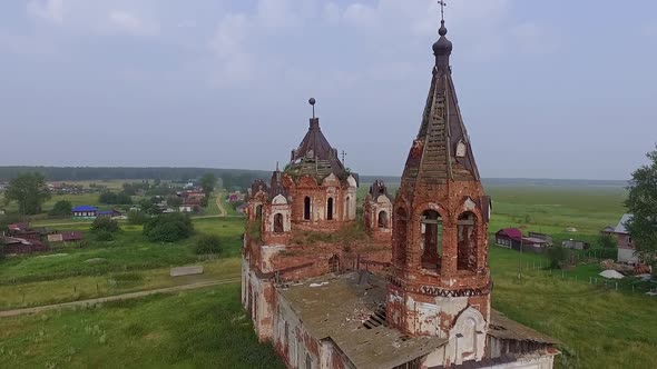 Aerial view of Old ruined abandoned church in a village 06