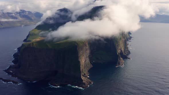 Drone Of Kallur Lighthouse On Cliff Edge On Kalsoy Island