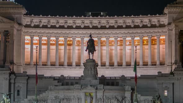 National Monument of Victor Emmanuel II at Night and Road Traffic Timelapse Rome