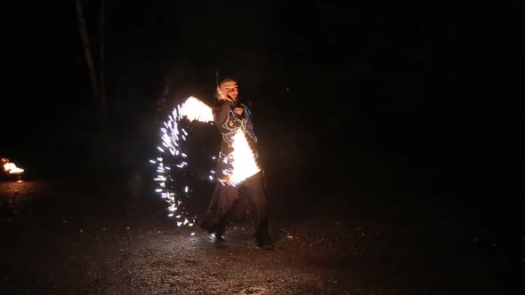 Fire Show Dancing with Flame Male Master Fakir with Fire Works Performance Outdoors