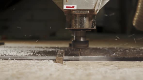 Close-up of Blade of Sawing Machine, Cutting Plastic Board