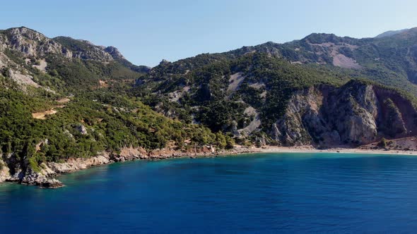 Aero. Top View. Beautiful Summer Seascape. Rocky Beaches of Evia Island, Greece. Sea Bay with