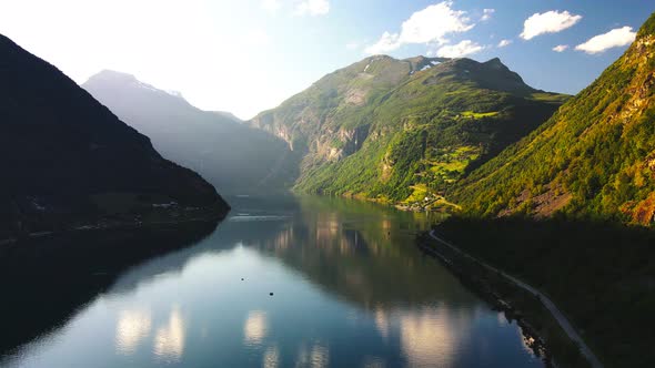 Panoramic drone landscape of Geiranger fjords, Geirangerfjord, Norway