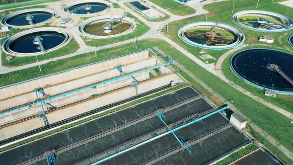 Reservoirs of the Wastewater Treatment Complex in a Top View. Aerial View of Waste Water Treatment