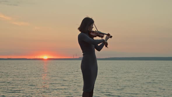 Lady In Grey Dress Is Playing Violin