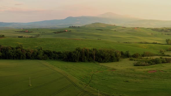 Flying over the amazing rolling hills of Tuscany Italy