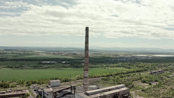 Aerial Drone View. Coal Power Plant, Big Pipe