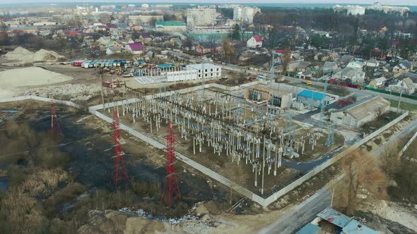 High voltage electric power substation. Energy efficiency conception. Transmission towers