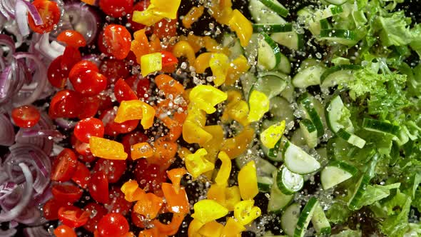 Super Slow Motion Shot of Flying Cuts of Colorful Fresh Vegetables and Water Drops at 1000Fps.