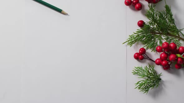 Video of red berry christmas decorations with white card and copy space on white background