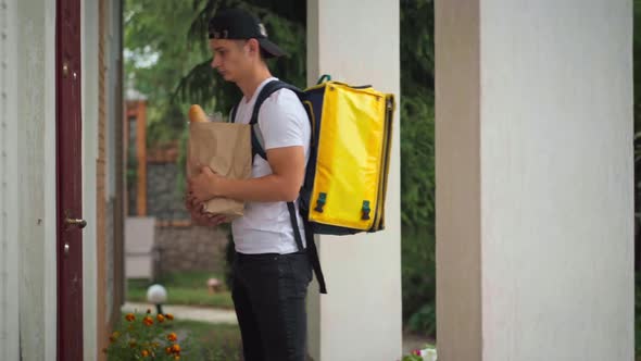 Delivery Man Knocking in Door Passing Package with Order to Positive Smiling Woman Leaving