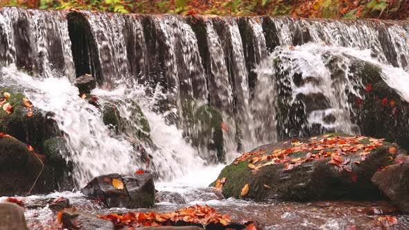 Beautiful Waterfall Shipot Closeup in the Autumn Forest