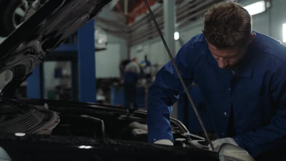 Mechanic Checking Oil Level in a Car Workshop Man Portrait Engine Car Repair Service