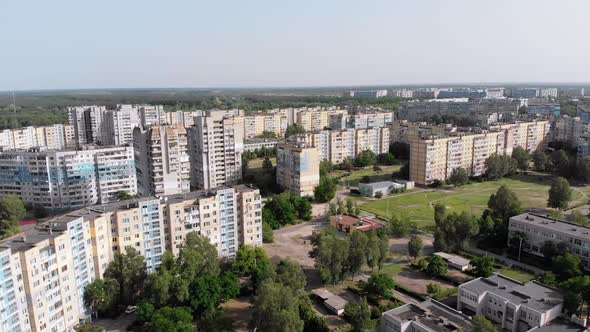 Aerial Panorama of Dwelling Blocks of Multistory Buildings Near Forest