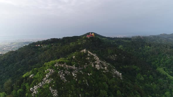 Castle of Mouros and National Palace of Pena in Natural Park of Sintra, Portugal