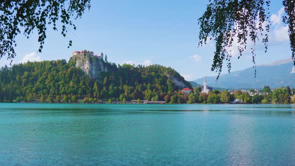 View of Bled Lake Against Old Castle and Saint Martin Church
