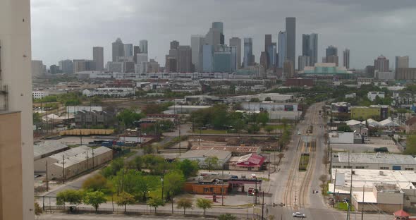 Panning aerial shot of city of Houston from Houston East End