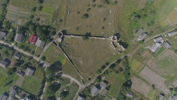 Aerial of an old fortress in a village