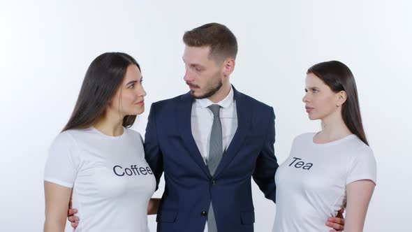 Businessman Choosing between Women Representing Coffee and Tea