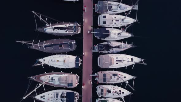 Top View of Yachts Standing on the Pier in Mediterranean Sea at Summer Day Filmed By Drone