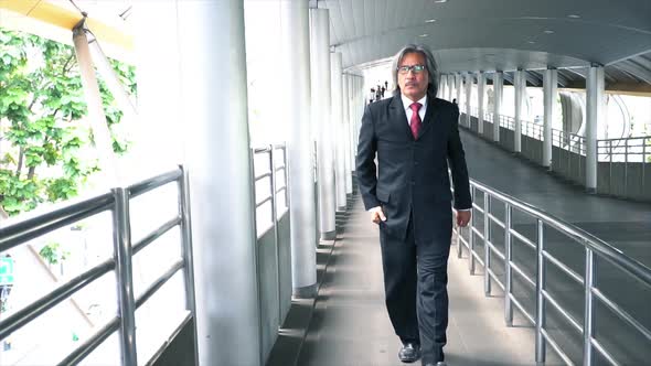 Senior Mature Business Man with Grey Hair Walking Towards the Camera at the City Walkway