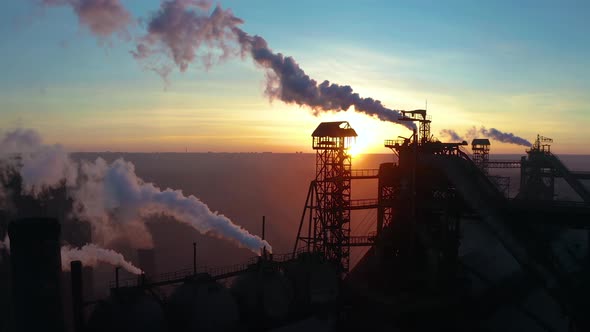 Blast Furnace View From the Air. Old Factory. Aerial View Over Industrialized City with Air