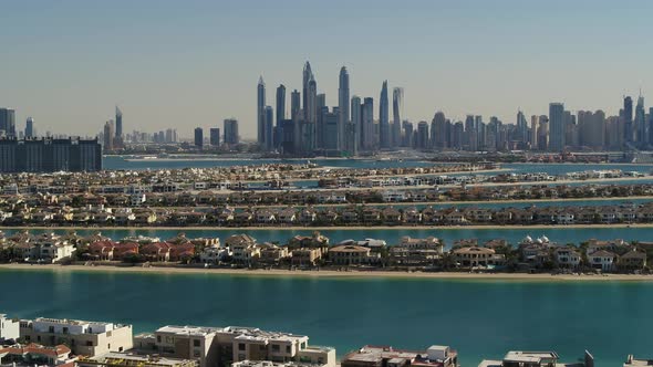 Aerial view of The Palm Jumeirah district, Dubai, United Arab Emirates.