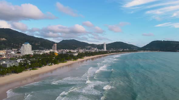 Aerial panoramic view landscape and cityscape view of Patong beach Phuket Thailand.