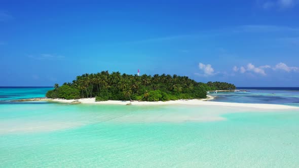 Aerial drone travel of tropical shore beach wildlife by turquoise water and clean sand background of