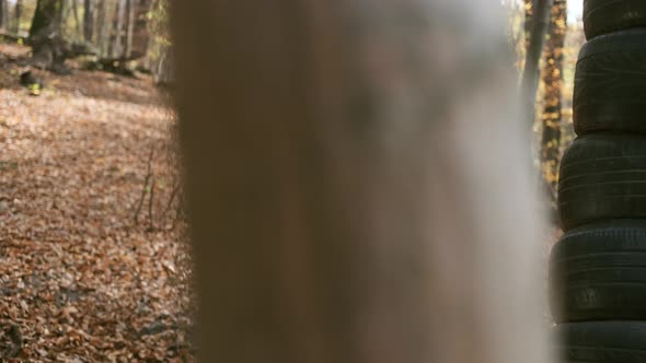 Strong Naked Torso Guy Makes Boxing With His Hands. Autumn Forest.