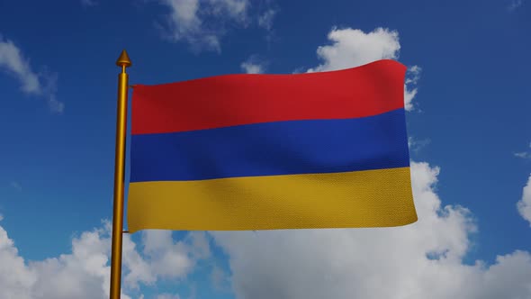 National flag of Armenia waving with flagpole and blue sky timelapse