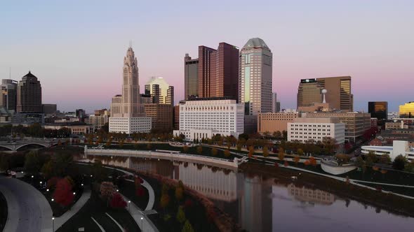 Columbus Ohio skyline at dusk - aerial drone