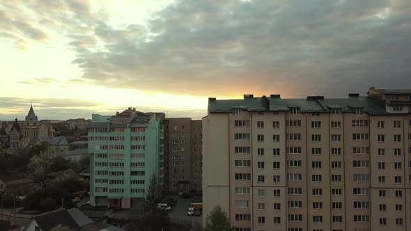 Aerial view of high residential apartment buildings at sunset in Ivano-Frankivsk city, Ukraine.