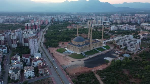Aerial View of Modern City Buildings Skyline and Blue Mosque Minaret