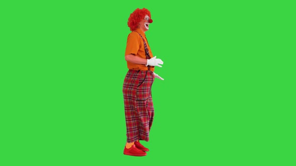 Clown in a Red Wig Walking and Greeting Everyone on a Green Screen Chroma Key