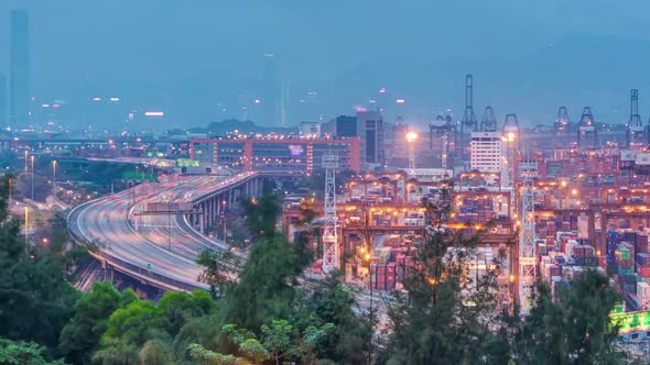 Hong Kong Skyline and Container Terminal Day to Night Aerial Timelapse