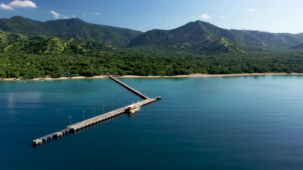 Loh Liang Komodo National Park pier, main access for ships to approach the dragons, Aerial wide orbi