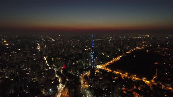 Sunset downtown Sao Paulo Brazil. Downtown district at sunset scenery.