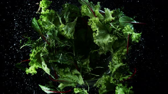 Super Slow Motion Shot of Flying and Rotating Fresh Cuts of Vegetables Into Colander at 1000Fps.