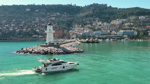 The yacht calls at the port aerial view 4 K