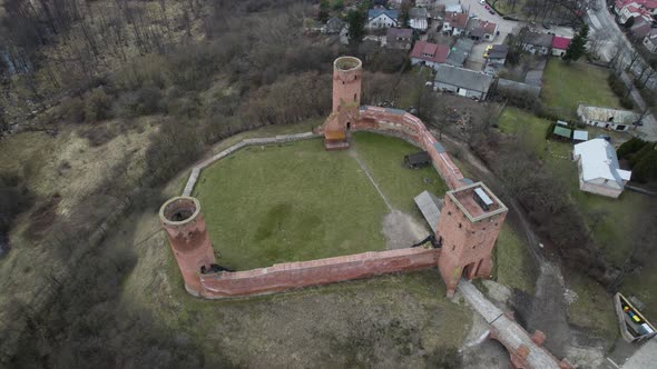 Drone Aerial View of Czersk Castle in Gora Kalwaria Poland during clear daytime