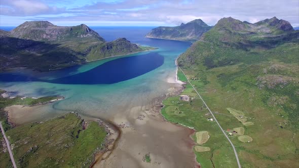 Scenic route around fjord on Lofoten islands in Norway