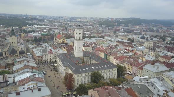 Beautiful Shot From Above the Outstanding Town Hall of Lviv, Which Is Located in the City Center