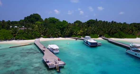 Tropical aerial tourism shot of a summer white paradise sand beach and turquoise sea background 