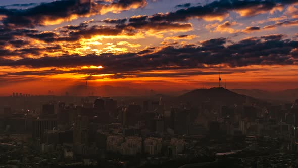 Sunrise of Seoul city and namsan Seoul tower in South Korea.