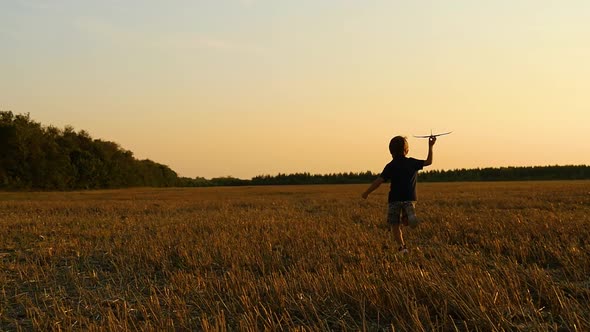 The Boy Runs Through the Wheat Field After the Harvest, Holding a Model Airplane. The Child Plays