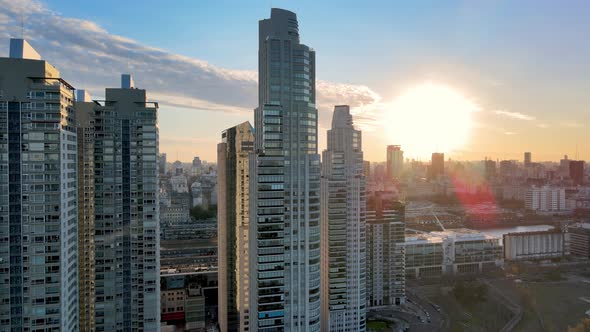 Residential Towers In The City With Bright Sun In Background. Puerto Madero In Buenos Aires, Argenti