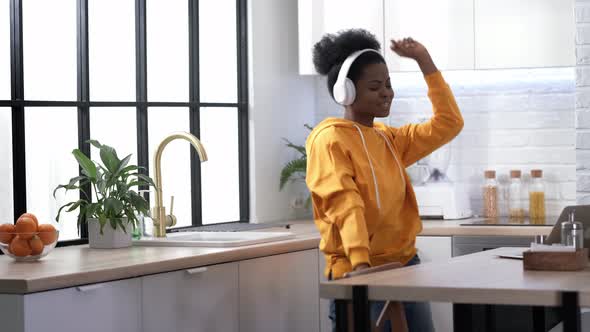 African American Black Handsome Woman Dancing with Headphones Enjoy Life Listening Favourite Music